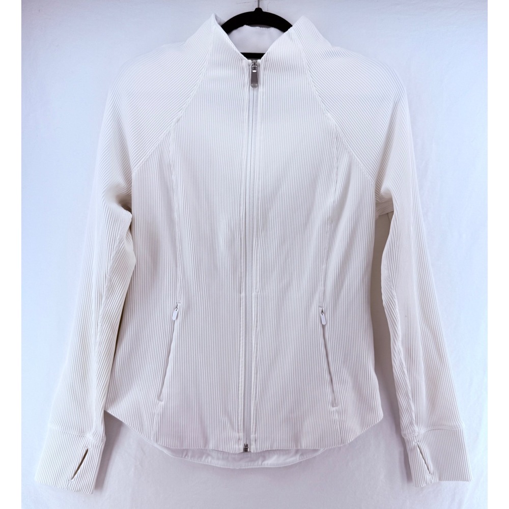 Athleta Womens White Ribbed Full Zip Mock Neck Salutation Jacket Thumbholes M - Picture 2 of 9